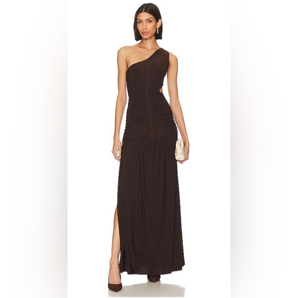 Sara One Shoulder Brown Dress - Picture 1 of 6